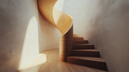 Naklejka premium Elegant wooden spiral staircase in a narrow modern corridor with soft light illuminating the walls and floor.