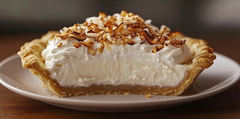 A slice of coconut cream pie topped with toasted coconut flakes on a plate.