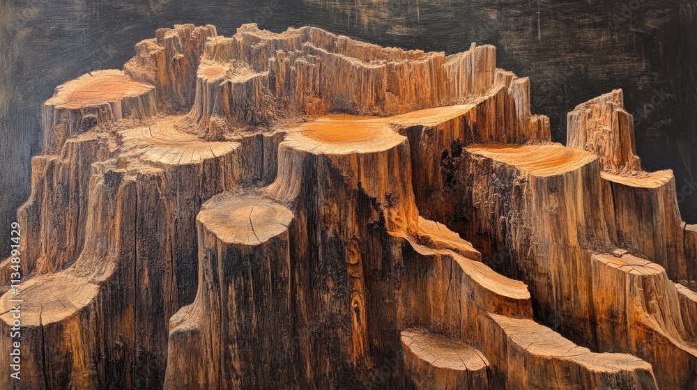 Poster detailed close-up of weathered pine logs arranged artistically with visible tree rings and cross-sec