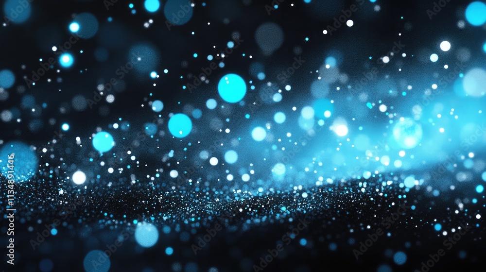 Poster elegant black and white background with mesmerizing light blue bokeh and sparkling particles creatin