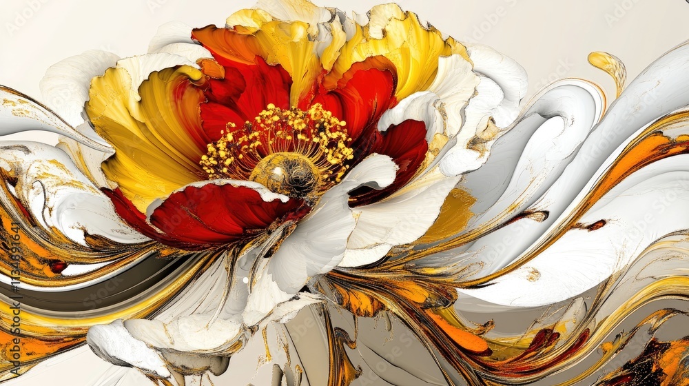 Poster vibrant yellow and red fractal flower with intricate petals and flowing abstract swirls on a soft wh
