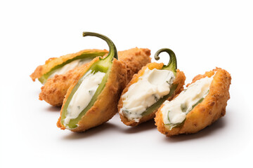 Freshly cooked and perfectly fried jalapeno poppers displayed on a white background, highlighting their crispy golden texture and deliciously appetizing appearance, for photography and culinary themes