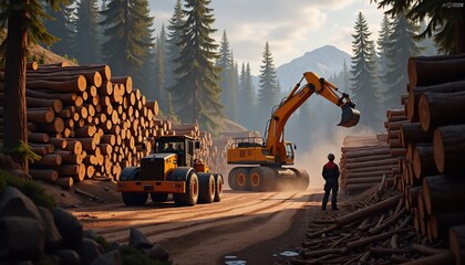 A logging site with heavy machinery working amidst tall trees and stacked logs, showcasing the intersection of nature and industry.