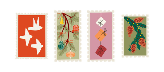 Set of stamps with Christmas illustrations drawn in flat style. Christmas, letters, holidays. Hand drawn vector illustration.