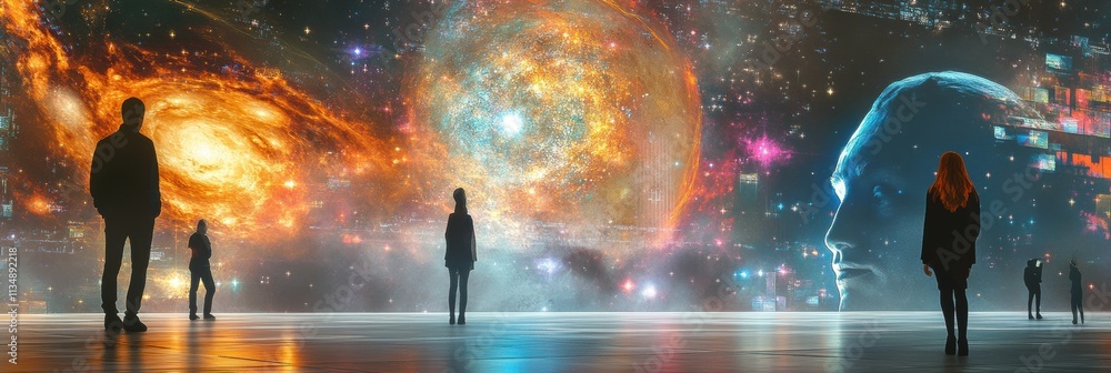 Poster visitors engage with captivating virtual artworks in a digital gallery set against a stunning cosmic