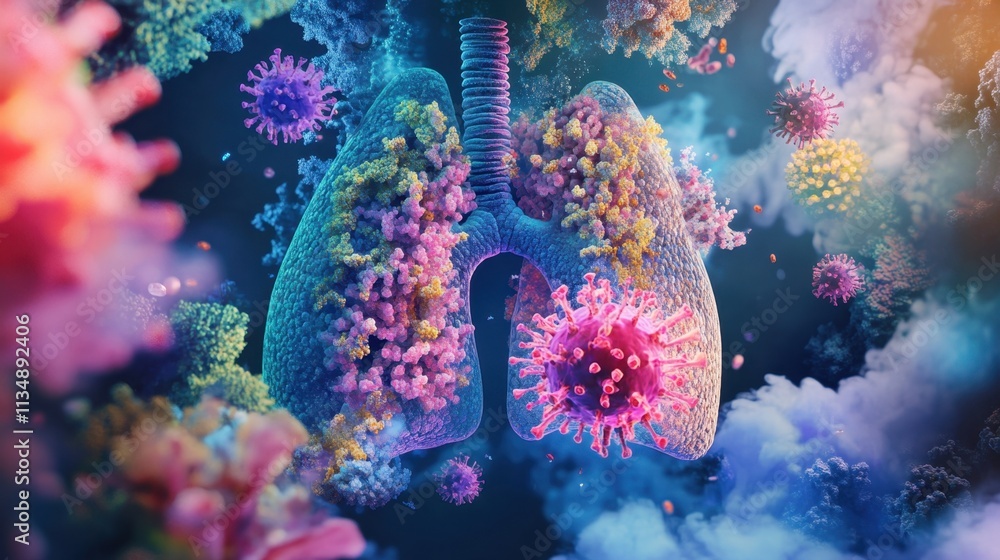 Poster lungs surrounded by colorful pathogens and bacteria in abstract design