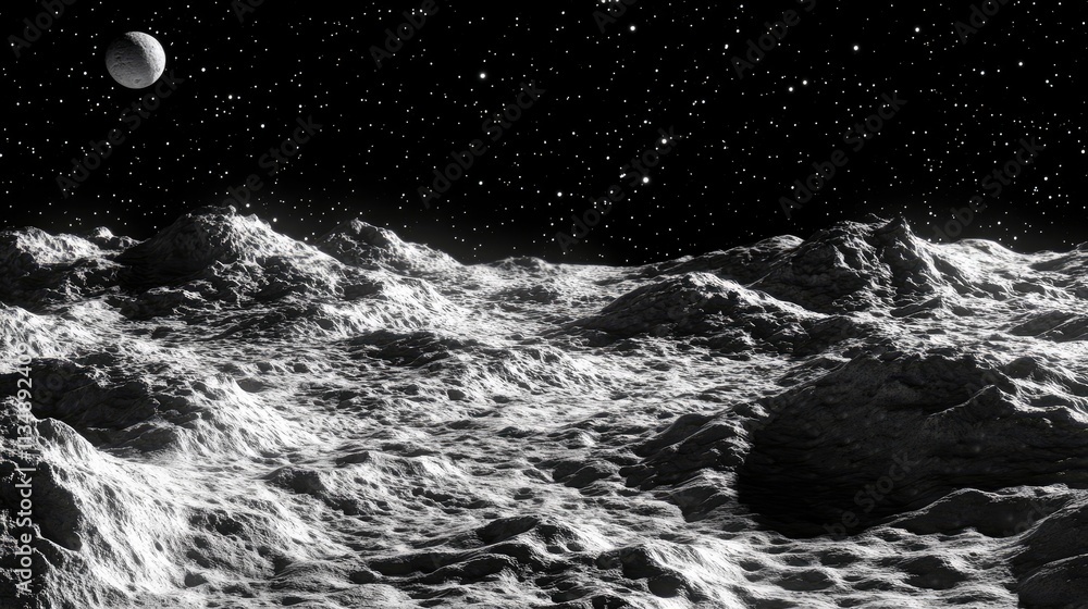 Poster realistic 3d render of the moon surface with distant planet and stars in the background showcasing l