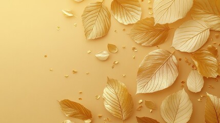 Golden autumn leaves on a beige background for elegant design decor Invitations greeting cards or seasonal promotions.