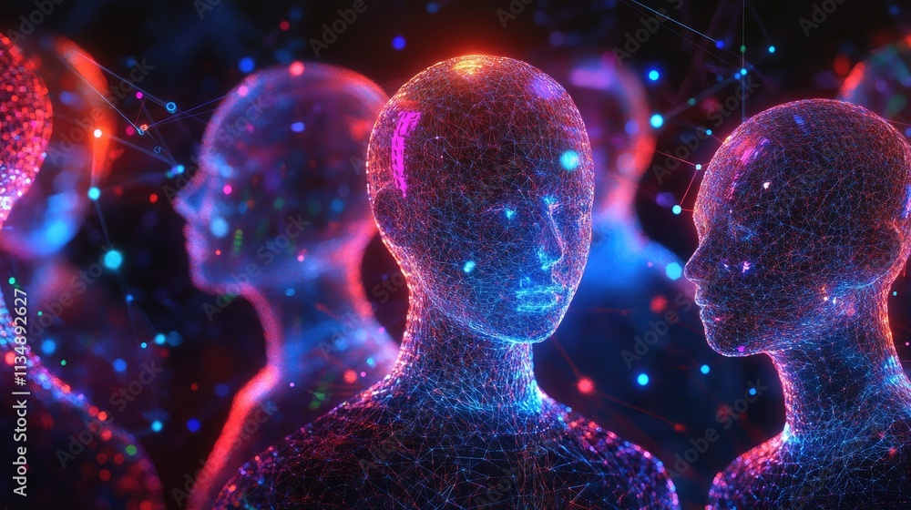 Poster digital network of abstract human figures representing connectivity and communication in a technolog