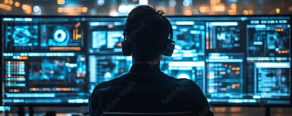 Poster aidriven customer support chatbot interface displayed on a desktop, business professional managing r