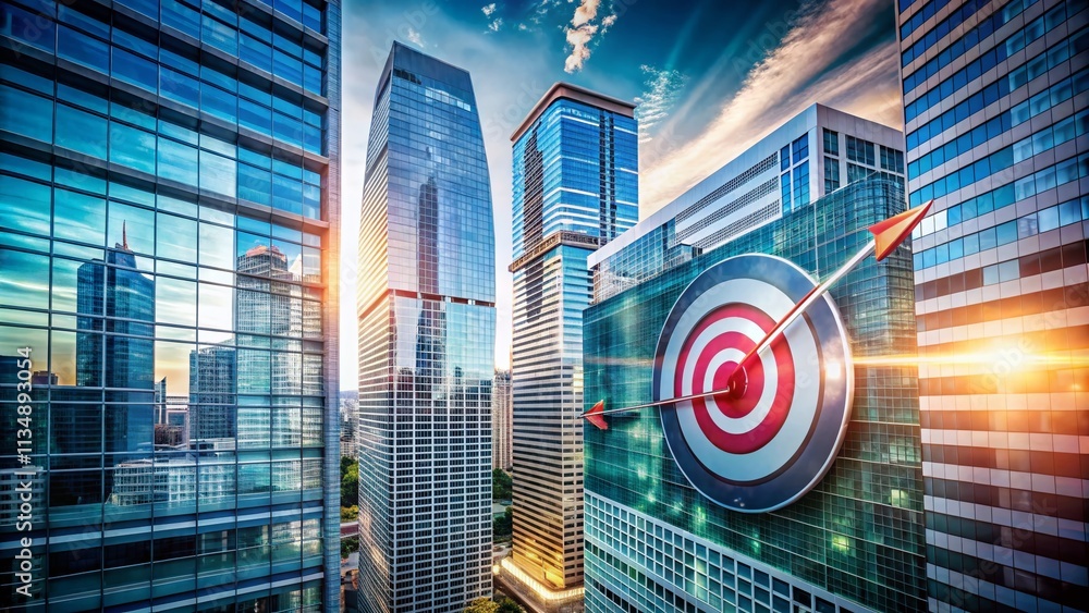 Poster dynamic digital target graphic with upward arrow illustrating growth and success in architectural ph