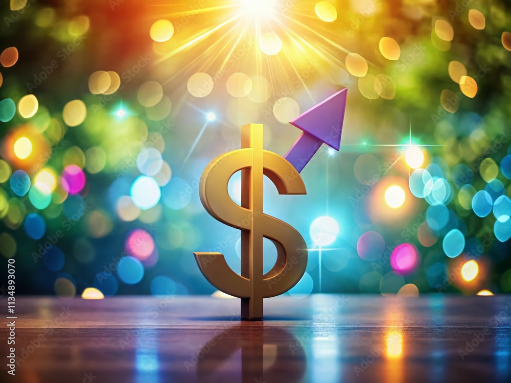 Poster dynamic dollar symbol soaring with arrow in bokeh background to illustrate financial growth and succ