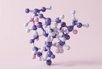 Fototapeta premium Molecular structure model with purple, pink, and white spheres connected by rods on pastel pink background. Scientific 3D illustration for education, chemistry, and biology concepts.