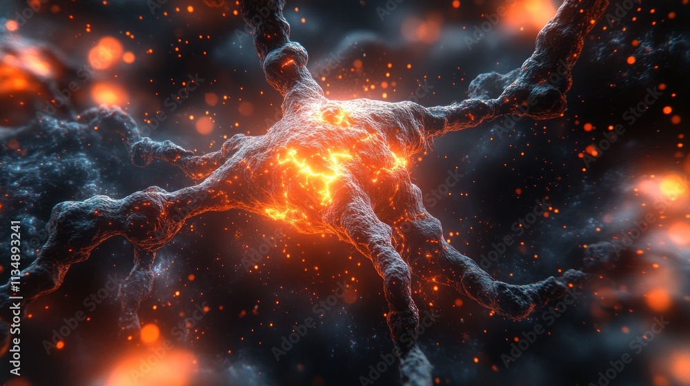 Poster fiery neural network: a microscopic view of a neuron firing, showcasing the intricate complexity and