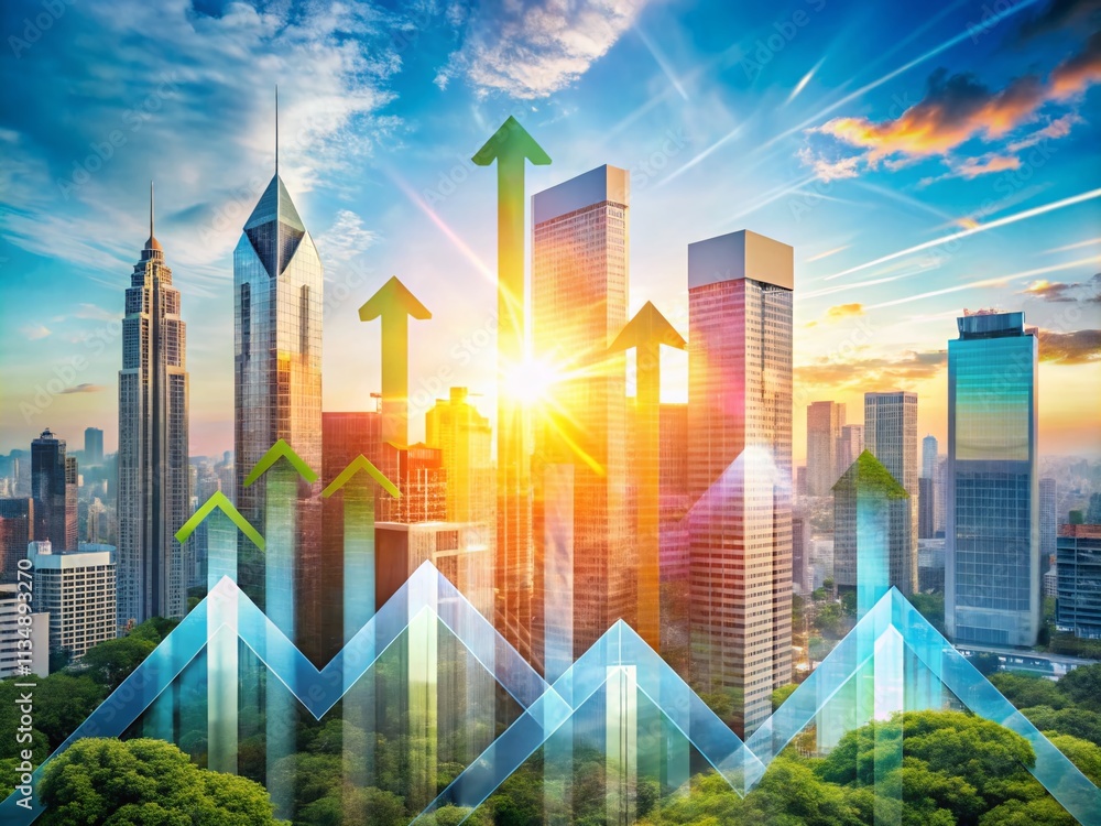 Poster dynamic double exposure photography featuring up and down arrow concepts illustrating growth and dec
