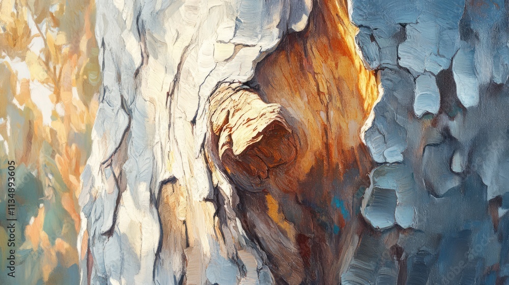 Aufkleber textured tree bark illuminated by soft morning light creating a serene shadow play in a natural outd
