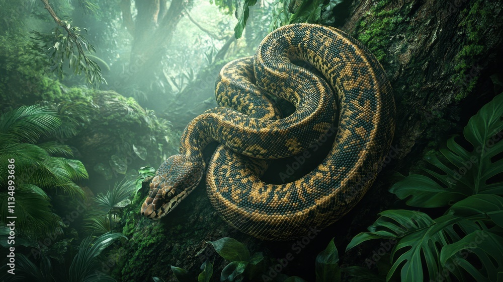 Aufkleber vibrant python coiled on tree in lush jungle environment