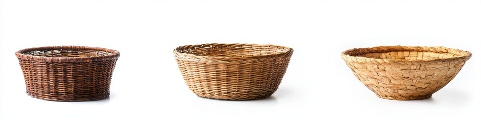 Obraz premium Three different wooden and bamboo baskets on white background.