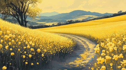 Fototapeta premium Vibrant rapeseed flower fields with winding path under a serene sky showcasing the beauty of nature in full bloom