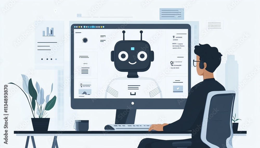 Poster business professional using an aipowered chatbot interface on a computer screen, managing customer s