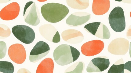 Abstract seamless pattern of colorful organic shapes in green, orange, and beige tones on a neutral background perfect for modern design projects.