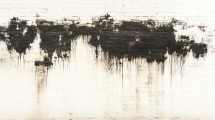 Black mold growth on aged white brick wall in monochrome with dramatic stains and textures illustrating decay and environmental concerns