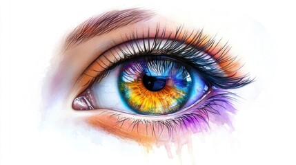 Human eye with realistic details, including vibrant iris colors and visible veins, set against a smooth white background.