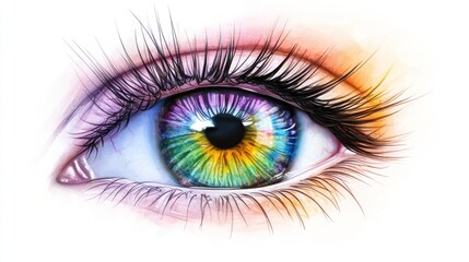 Fototapeta premium Human eye with realistic details, including vibrant iris colors and visible veins, set against a smooth white background.