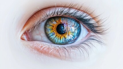 Hyper-detailed, realistic human eye with colorful iris and visible veins, isolated on a white background for emphasis.