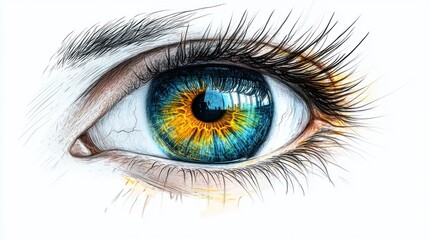 Hyper-detailed, realistic human eye with colorful iris and visible veins, isolated on a white background for emphasis.