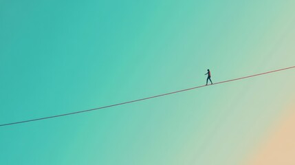 Person walking tightrope, balancing act.