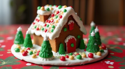 A Detailed Gingerbread House Decorated with Colorful Candies and Christmas Trees
