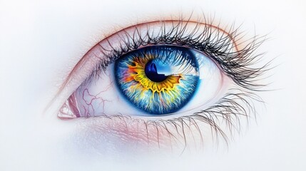 Hyper-realistic human eye with vivid iris colors and finely detailed veins, placed on a clean white background.