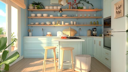 Compact kitchen with a peninsula island, minimalist bar stools, and open shelving displaying curated ceramics. home interior design concept 