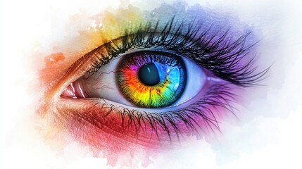 Hyper-realistic human eye with bright hues in the iris and detailed veins, placed on a smooth white backdrop.