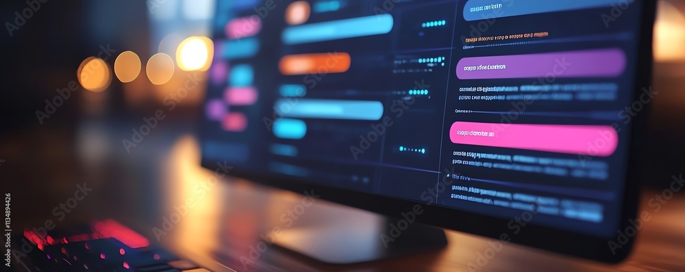 Poster closeup of an aidriven chatbot interface on a computer screen, business professional managing custom