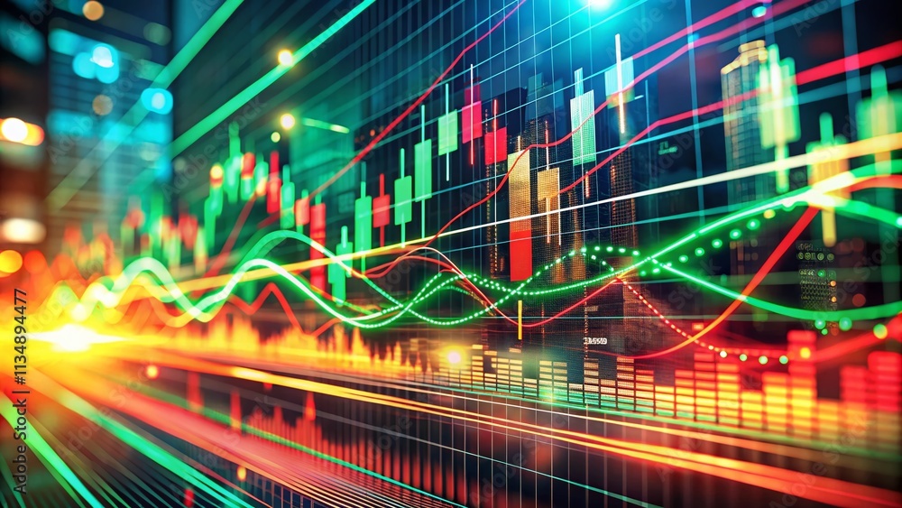Poster dynamic long exposure of red and green graph trends with light trails illustrating data flow and ana