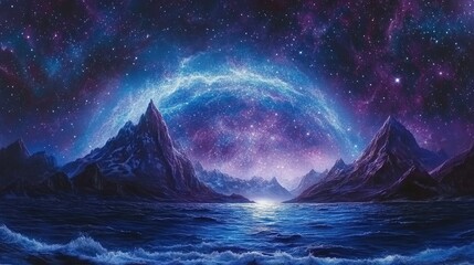 Milky Way Arching Over Majestic Mountains and Serene Sea Under Starry Night Sky Vibrant Colors and Cosmic Beauty in Nature Landscape