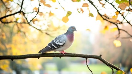 Pigeon Perched on Branch in Autumn Light