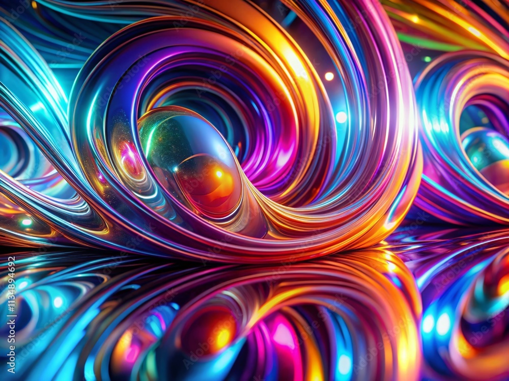 Poster dynamic neon curves with motion reflection on mirror surface captured in 4k, perfect for looping vis