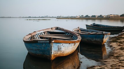 Obraz premium Three weathered boats resting on calm water, reflecting the serene landscape.