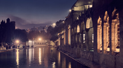 Fototapeta premium Fish lake in Sanliurfa city at night, Turkey