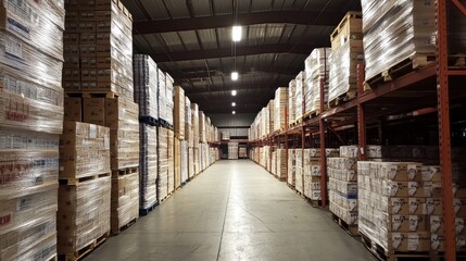 Large warehouse interior with bright lighting and a wide aisle, showcasing stacks of pallets and boxes neatly arranged.