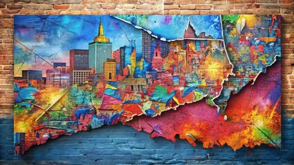 Fototapeta premium Dynamic Portrait of Connecticut State Map in USA with Artistic Cutting Paper and Graffiti Style, Showcasing Urban Creativity and Cultural Heritage in Vibrant Colors and Textures