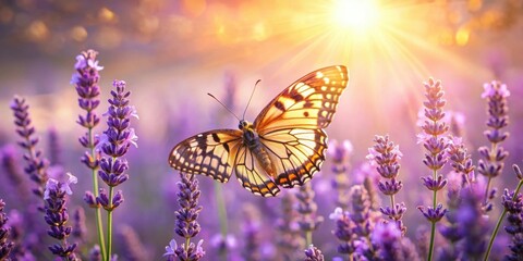 Obraz premium A yellow butterfly with intricate black markings soars through the air above a field of lavender, bathed in the soft light of a setting sun.
