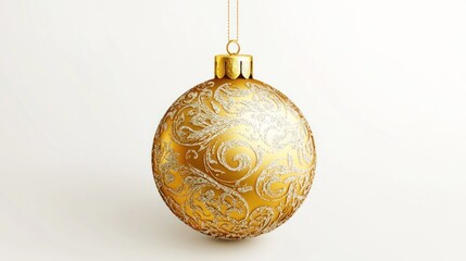 Luxury golden Christmas ball with intricate embossed patterns and silver glitter, hanging as a shiny ornament on a white background. Vector illustration.