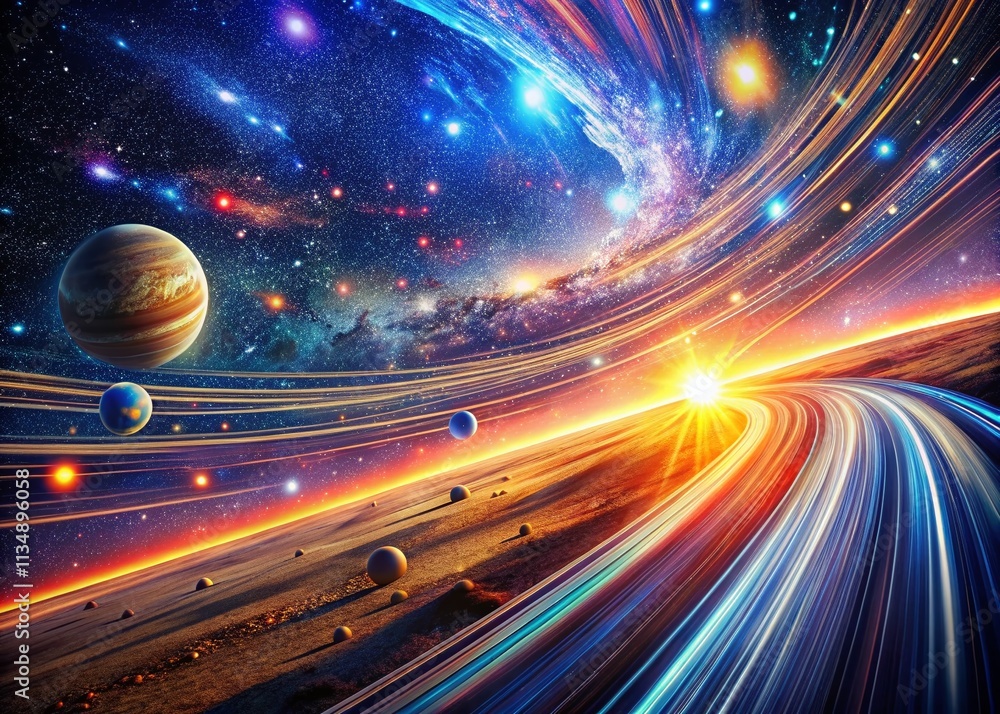 Poster dynamic space exploration: captivating light streaks and stars illustrating cosmic motion and depth,
