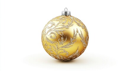 Luxury golden Christmas ball with silver glitter and delicate embossed textures, isolated on a white background. Vector art of a 3D ornament.