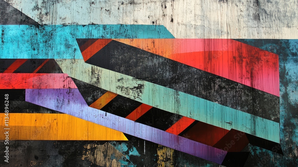 Poster geometric abstract artwork with vibrant colors and sharp angles creating a dynamic visual contrast o