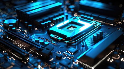 Fototapeta premium A computer motherboard with a blue light shining on it's side and a black background cinema 4 d a 3d render computer art